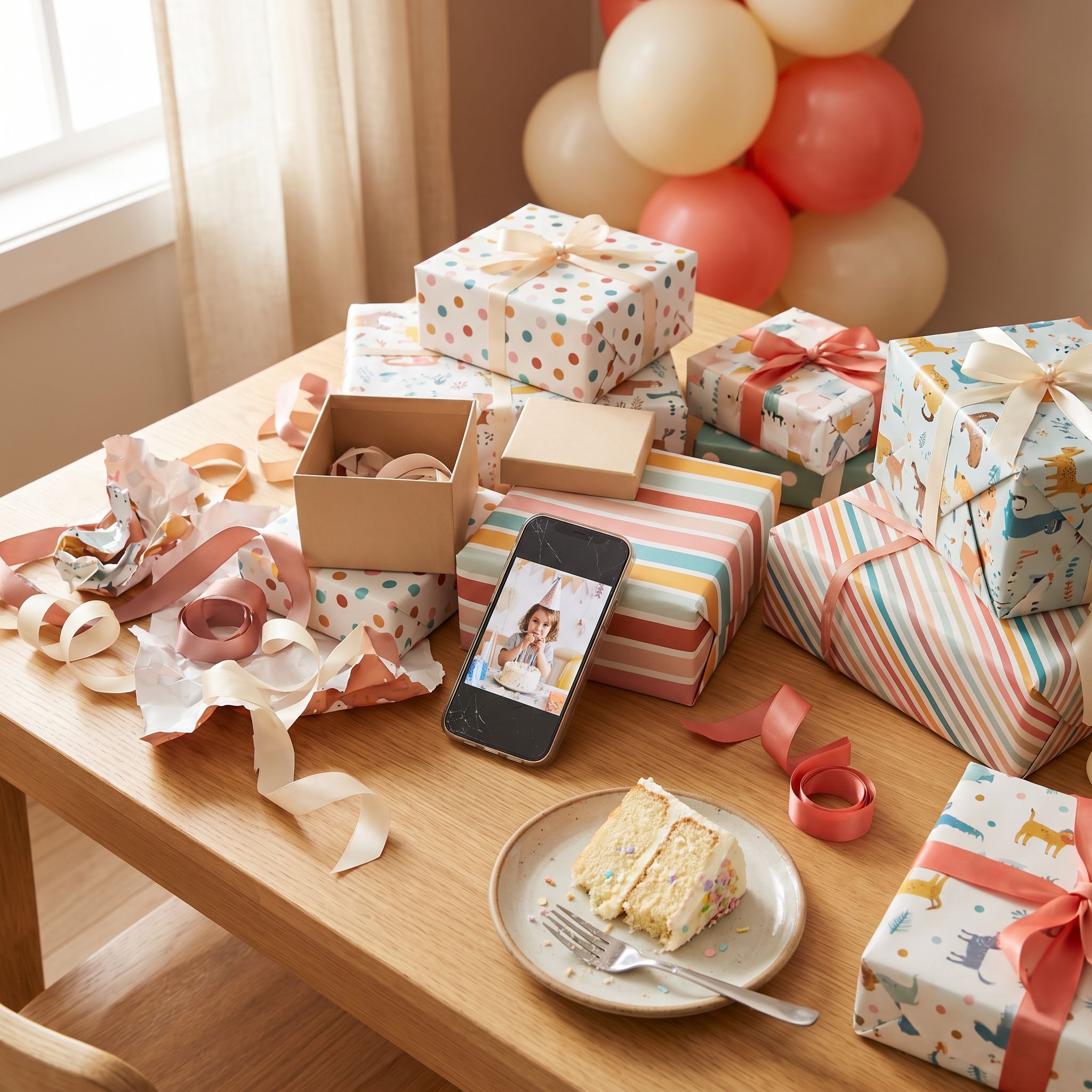Overhead view of a gift table with wrapped presents and a phone ready to capture them