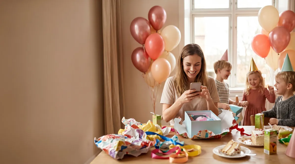 A parent glancing at her phone at a birthday party while the kids open gifts