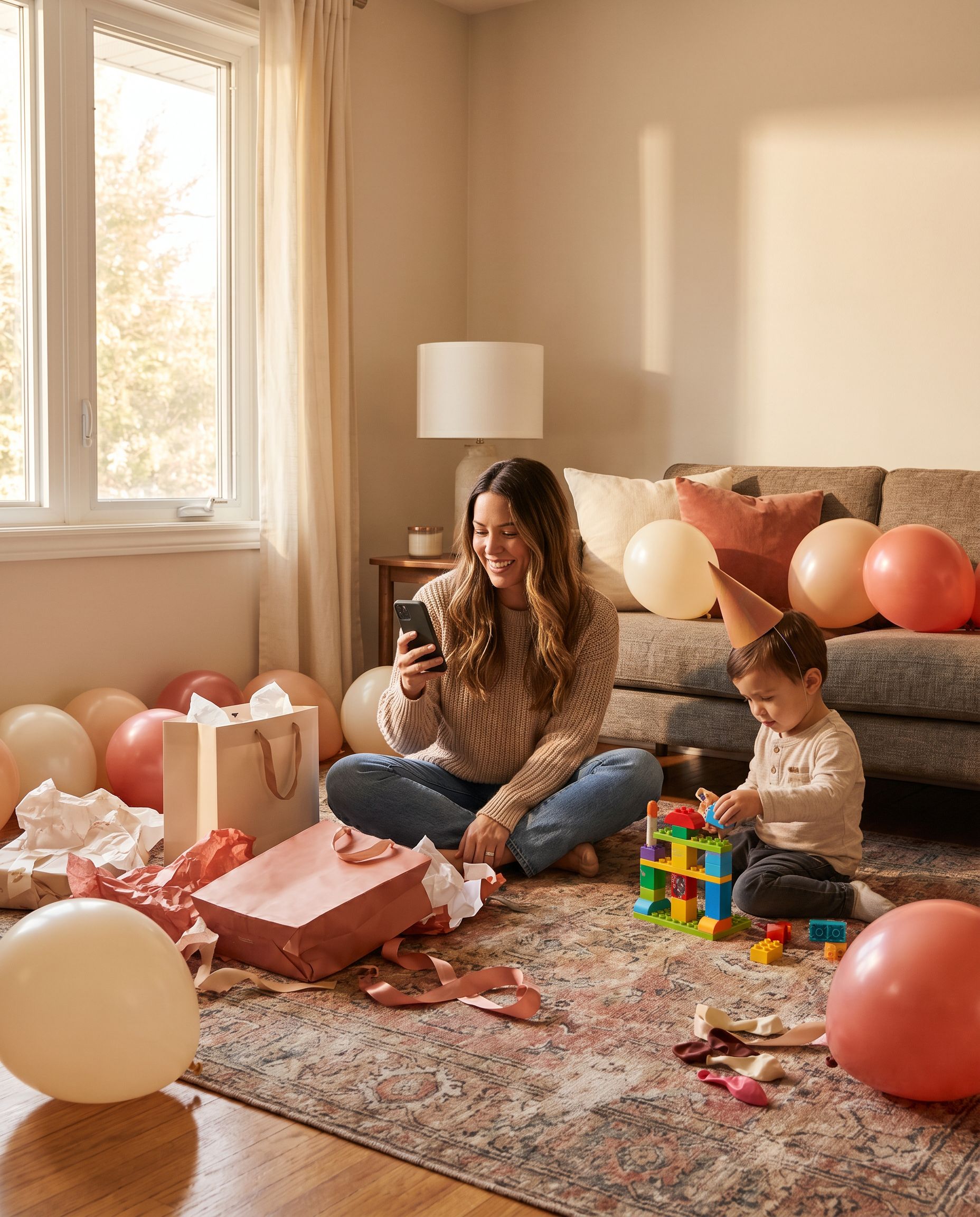 A mom sitting on the floor surrounded by gift bags and wrapping paper, looking at her phone