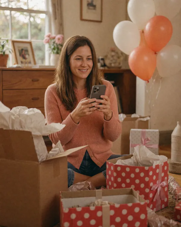 A woman photographing a gift with her phone amid unwrapped boxes and balloons
