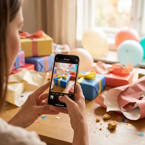 A phone photographing a wrapped gift