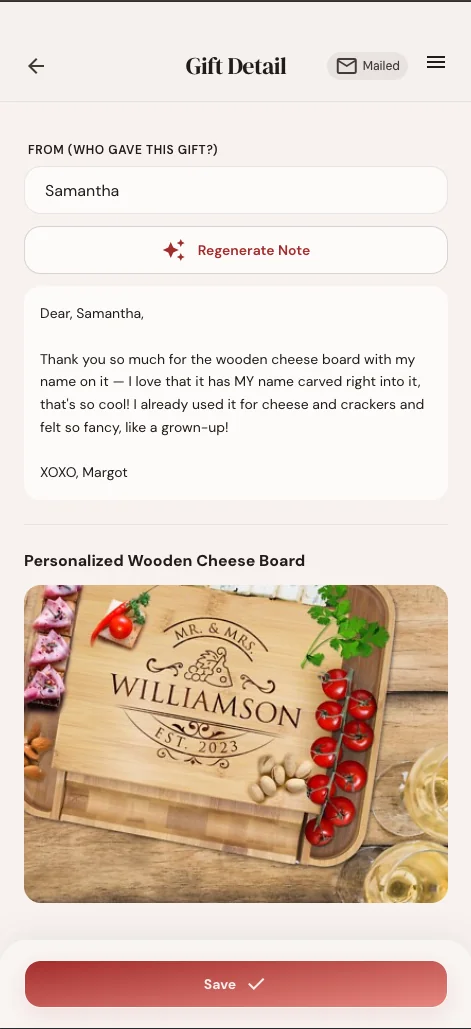 The Duly Noted app showing a drafted thank-you note for a wooden cheese board from Samantha, with a Regenerate Note button