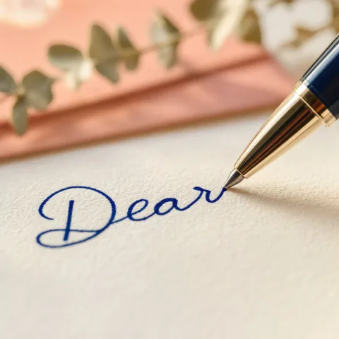 A pen tip writing the word Dear in indigo ink on cotton-stock paper